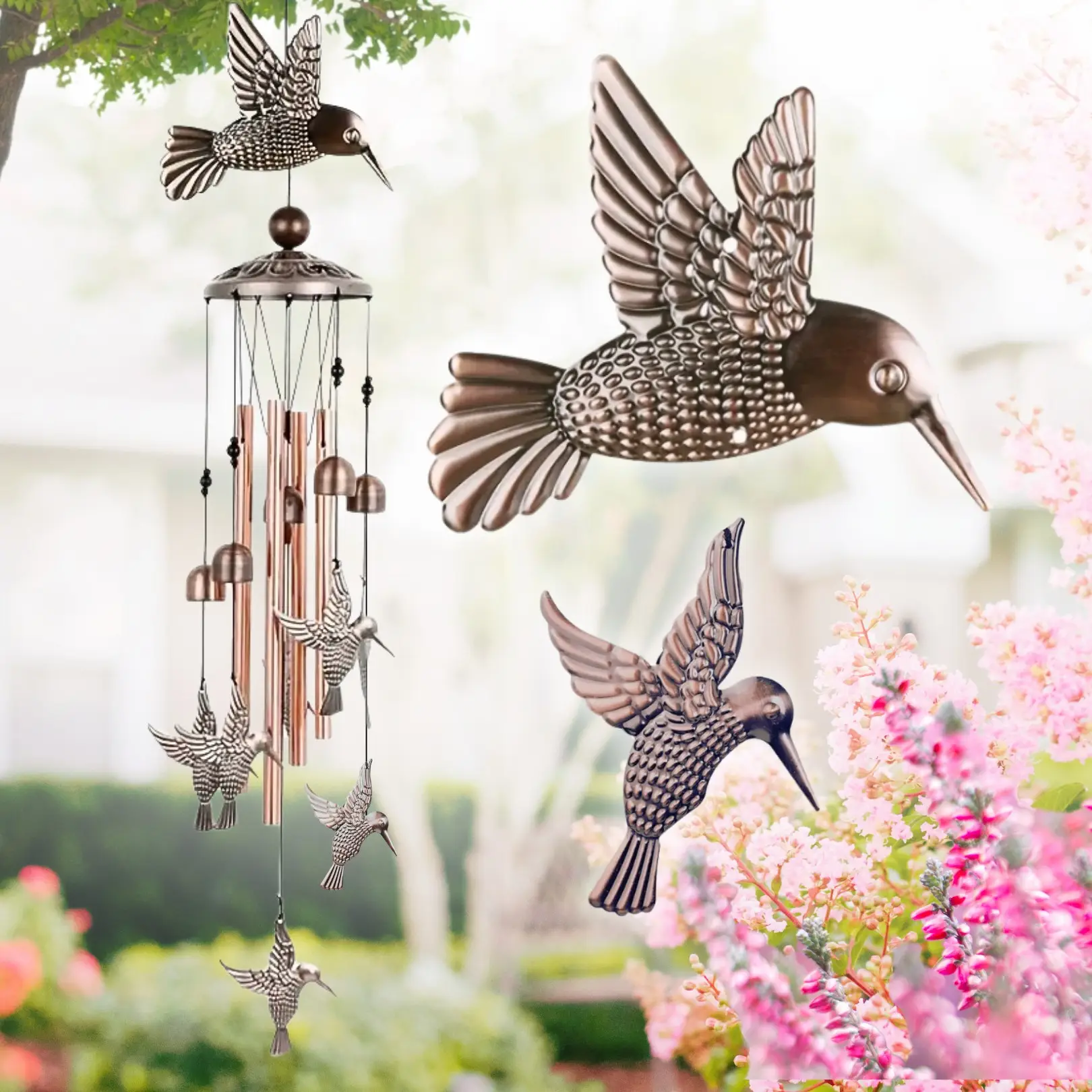 Outdoor Hummingbird Wind Chimes-Retro Aluminum Bird Windchimes,Hanging ornaments for Home patio BackYard Outdoor Decoration,Garden decor Memorial Gift