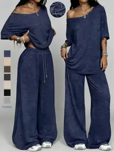 Women's Casual Solid Color Sports Two-Piece Set, Loose Asymmetrical Neckline Top & Wide-Leg Pants Set, Spring & Fall Fashion Wear