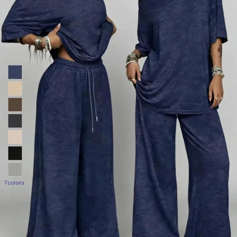 Women's Casual Solid Color Sports Two-Piece Set, Loose Asymmetrical Neckline Top and Wide-Leg Pants Set, Spring & Fall Fashion Wear, Athleisure Outfits, Athleisure Gym Clothes, Athletic Sets