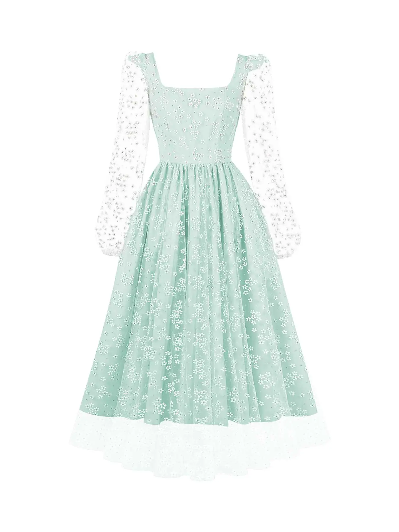Light Blue Square Neck Floral Embroidered Dress Sheer Long Puff Sleeves  Tulle Fit Flare Midi French Country Fairycore Bridal Shower Garden Party  Wedding Guest Outfit - TikTok Shop