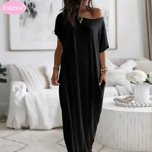 Yolabra Summer Fresh Women Solid Color Casual Dress Short Sleeve Long Style Soft Lightweight Fabric Comfortable Loose Fit Simple Elegant Design Daily Outdoor Wear Versatile Fashion Style High Quality Material Modern Female Apparel