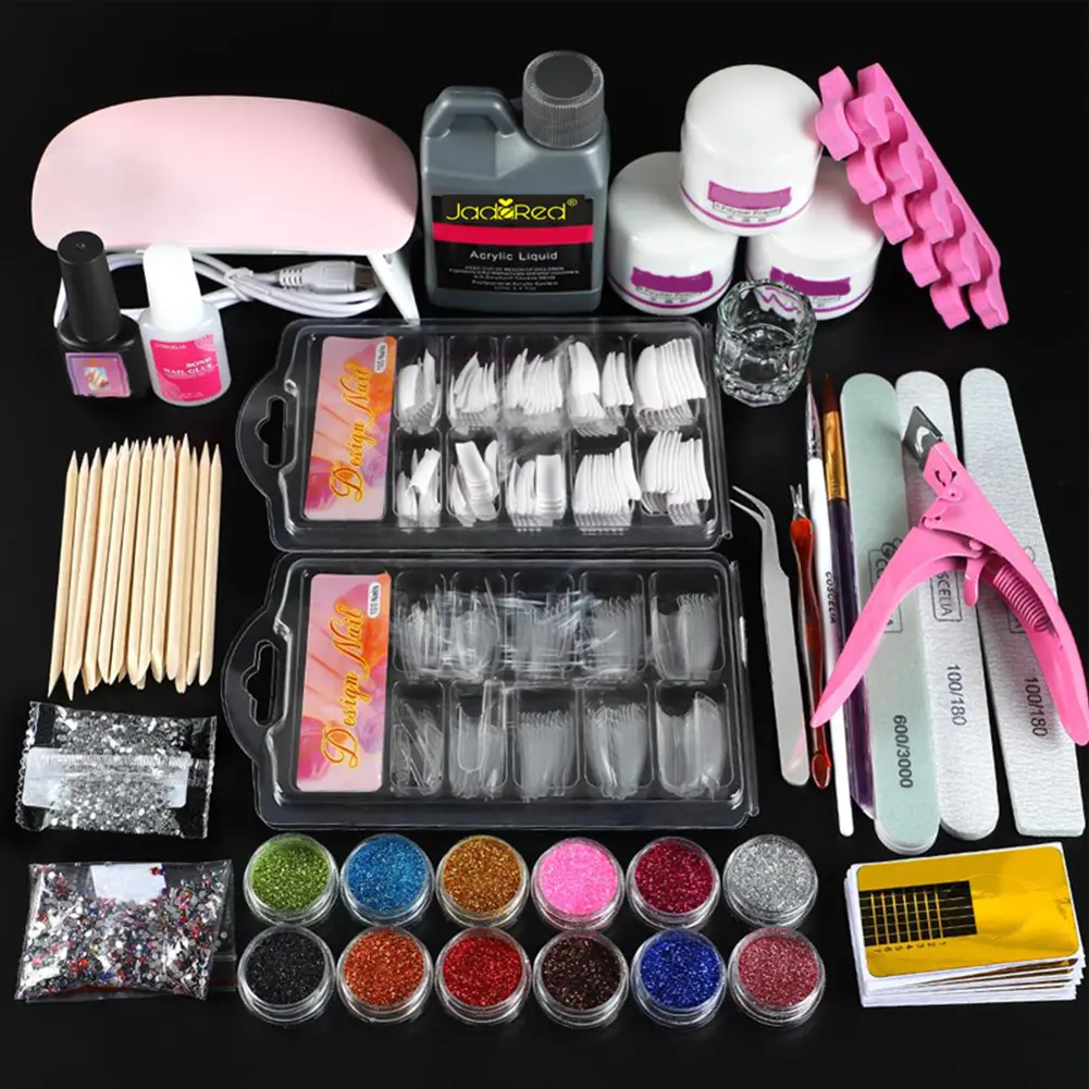 Acrylic Nail Kit for Beginners Professional Nails Kit U V Light Glitter Powder Decorations Rhinstones DIY Gifts