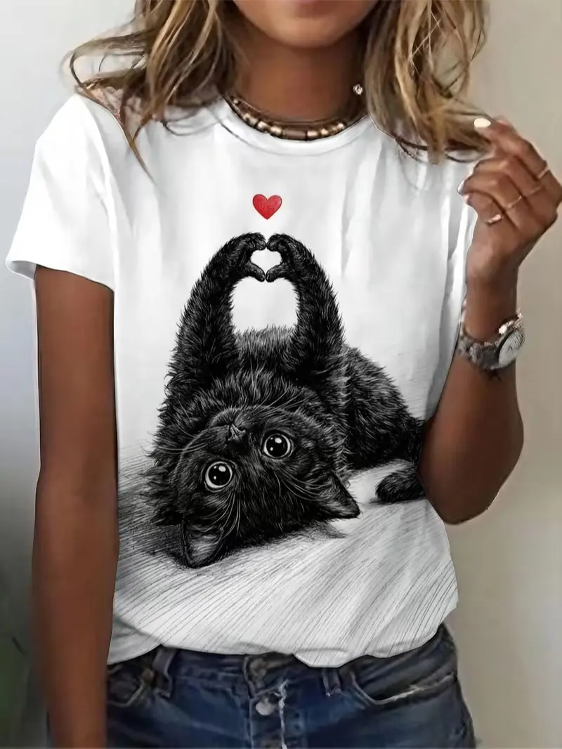 Heart Print T-Shirt, Cute Kitten Making Heart, Women's Casual Short-Sleeve Top, Adorable Versatile Fashionable Individual Niche Design Gift