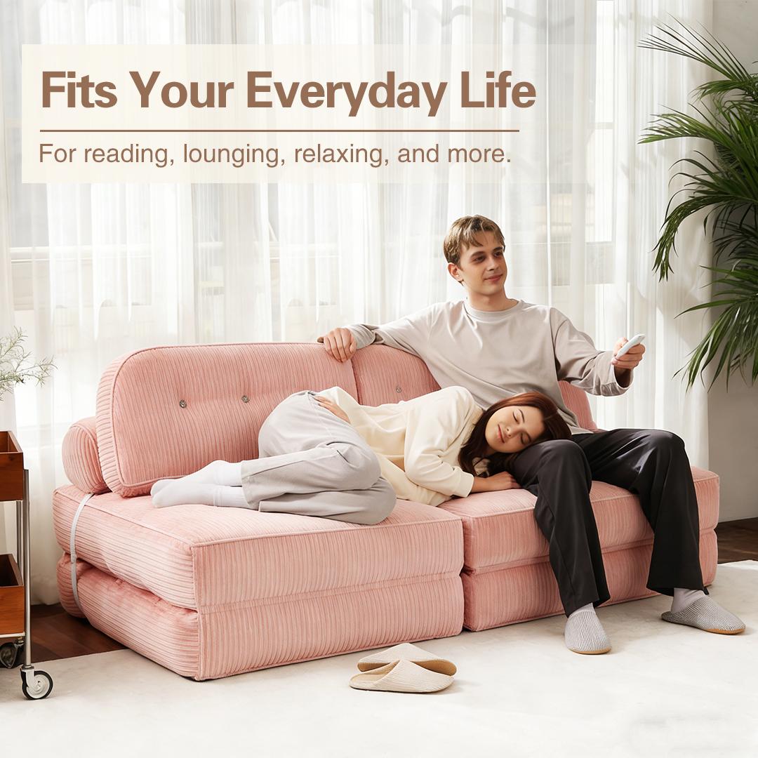 NESLAKO Convertible Folding Couch - 2/3-Pack 3D-Cut Corduroy Upholstered Sectional Sleeper Bed, High Resilience Memory Foam, No Assembly, Sturdy, Portable, Space-Saving for Family Use Modern Living Rooms, 3D-Cut Corduroy Fabric