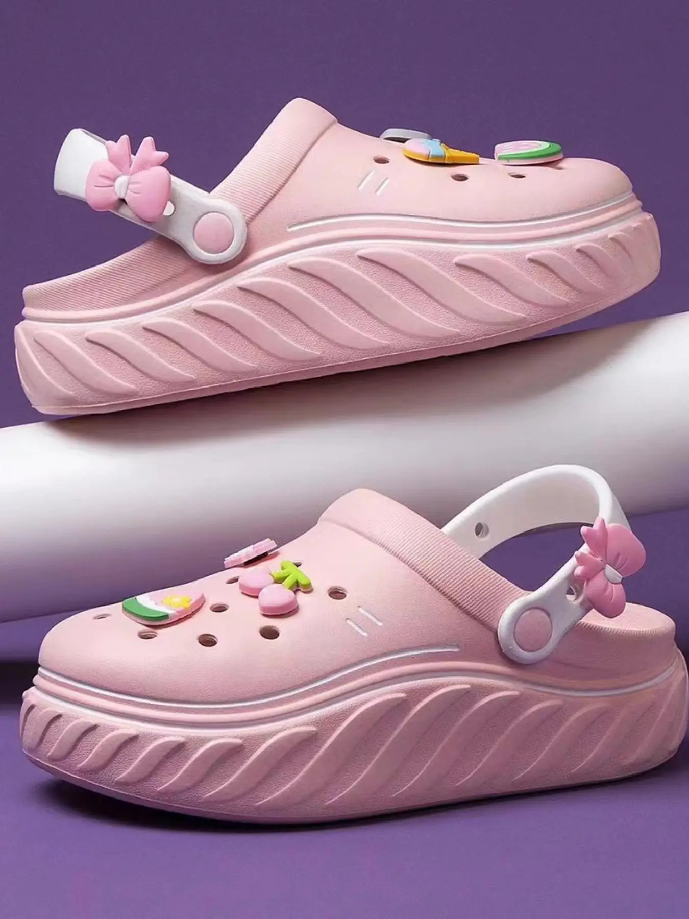 Women's Summer 2024 Cute Cartoon Fruit & Letter & Bow Design Decoration Clogs, Casual Comfortable Beach Sandals, Soft Chunky Platform Clogs