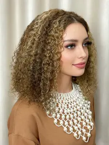 Human Hair 4x4 Lace Wig Golden Brown Jerry Glueless Curly Wig, Pre Plucked Natural Hairline,Kinky Curly P4/27 Bob Wig With Adjustable Cap For Women Daily Wear and Party