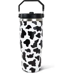 30oz Cow Print Tumbler with Handle and Straw, Stainless Steel Vacuum Insulated Coffee Tumbler, Travel Mug Water Bottle, Cow Stuff Accessories Decor, Cow Gifts for Women