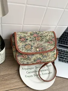 Vintage Floral Crossbody Bag, Korean Style Jacquard Canvas Patchwork Small Square Bag, Elegant Shoulder Bag, Fashionable Shoulder Bag, Multi-Color Daily Commute Phone Bag, Fashion Crossbody Purse