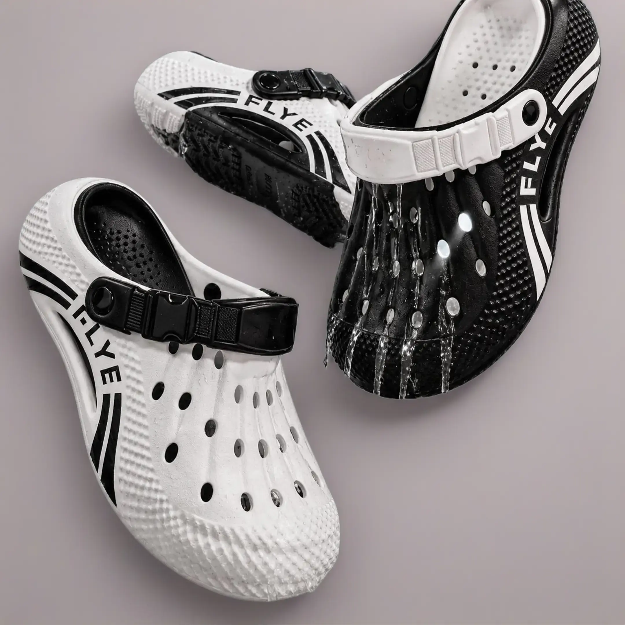 Men's Striped Letter Print Casual Athletic Clogs-Slides, EVA Breathable Perforated Closed-Toe Shoe, Non-Slip Thick Sole, Hook-And-Loop Closure, Ideal for Summer Outdoor Beach Use