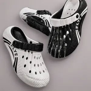 Men’s striped letter print athletic clogs/slides, EVA breathable perforated design, non-slip thick sole, hook-and-loop closure, closed toe—ideal for summer outdoor beach and garden use. Footwear Bathroom Bridal  Knit Memory Foam Slippers with Heel Collar
