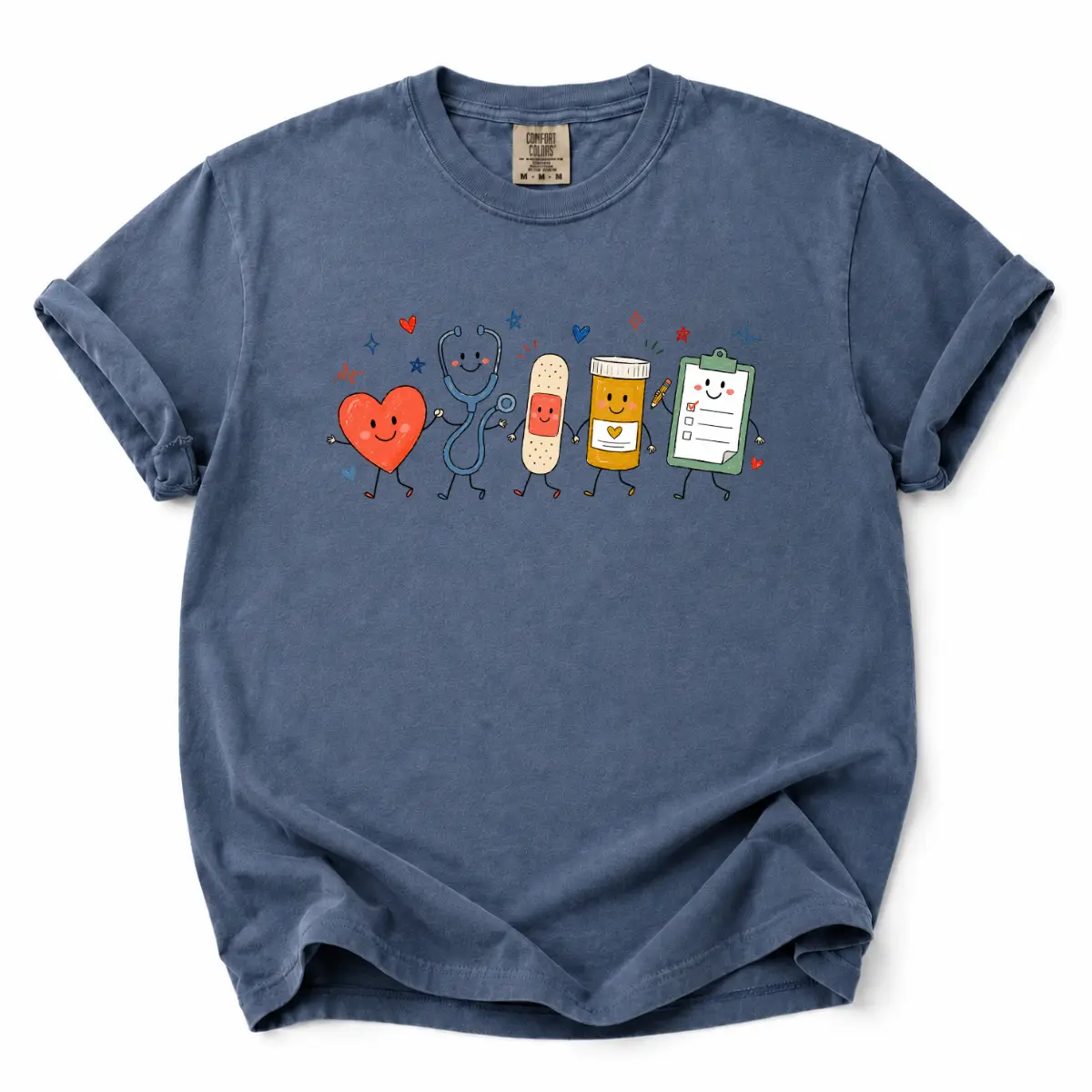 Healthcare Worker Comfort Colors T-Shirt - Adorable Medical Characters with Heart Stethoscope Bandage and Clipboard Design, Comfortable Shirt for Nurses and Medical Staff