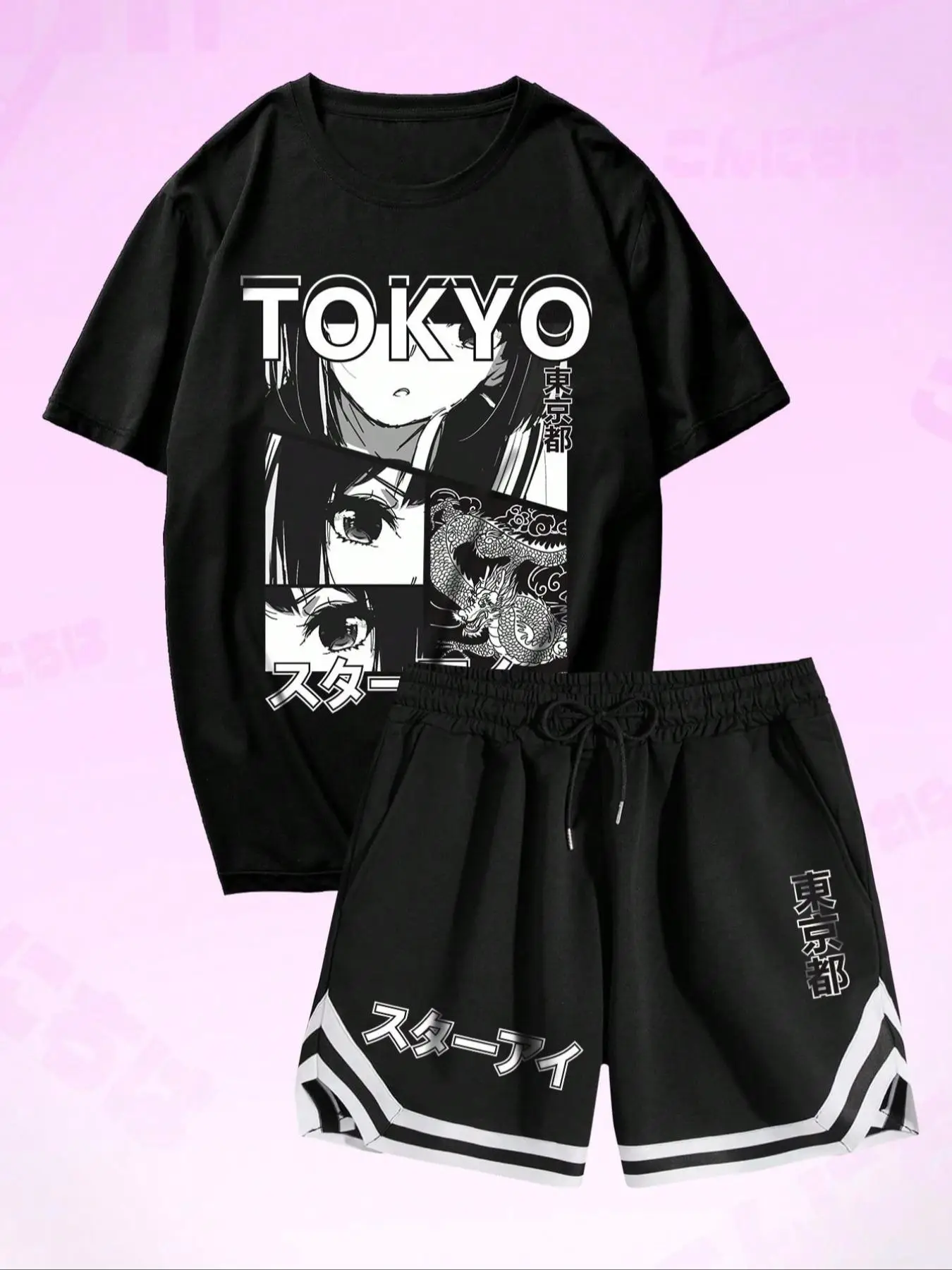 2 Counts Men's Graphic Drop Shoulder Tee & Japanese Character Print Shorts Set, Regular Fit Casual Short Sleeve T-Shirt & Asymmetrical Contrast Trim