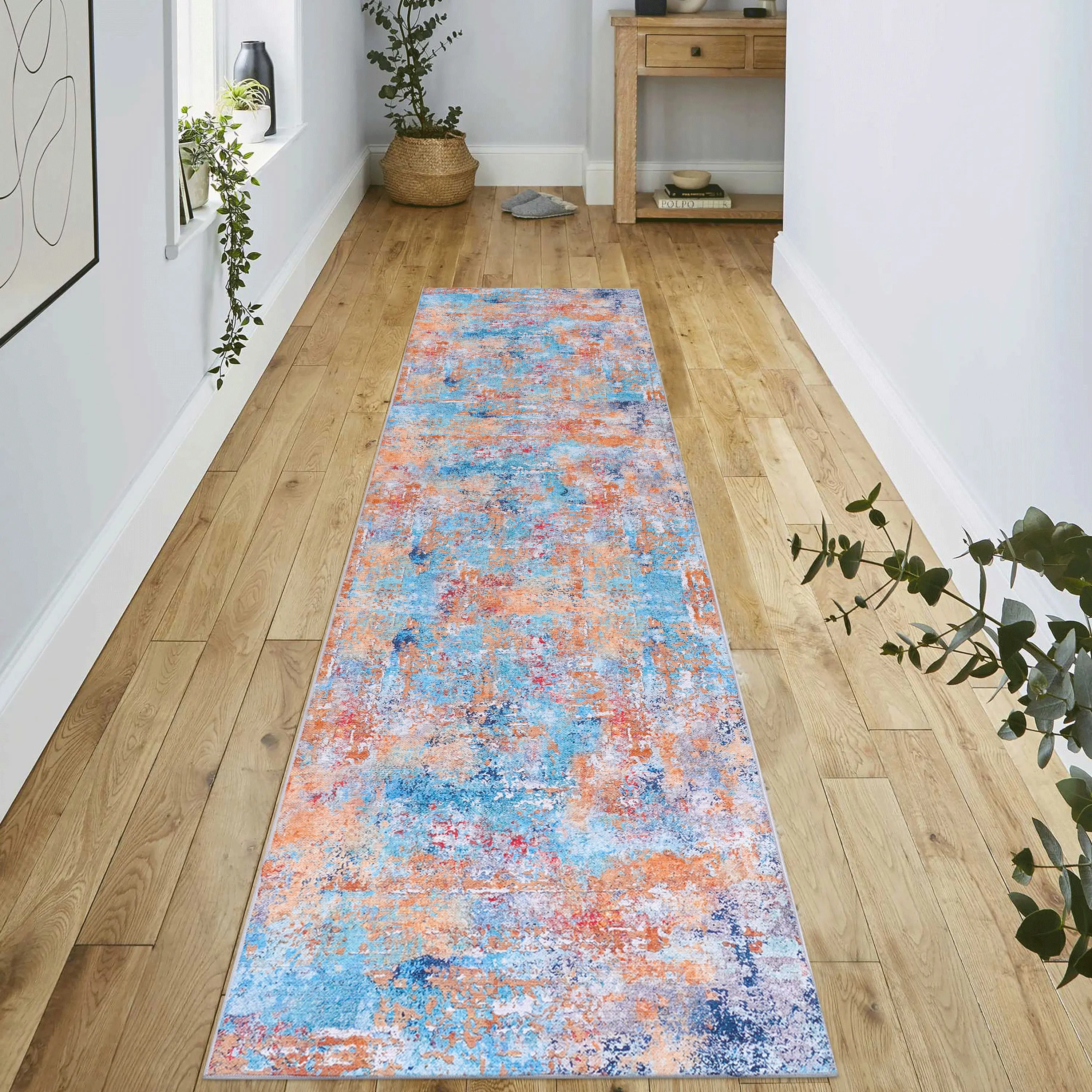 MAVAL 2'6"x10' Boho Print Chenille Fiber Low Pile Runner Rug, Multi-Color, Washable, Machine Washable, High-Traffic, Indoor Use, Washable Rug