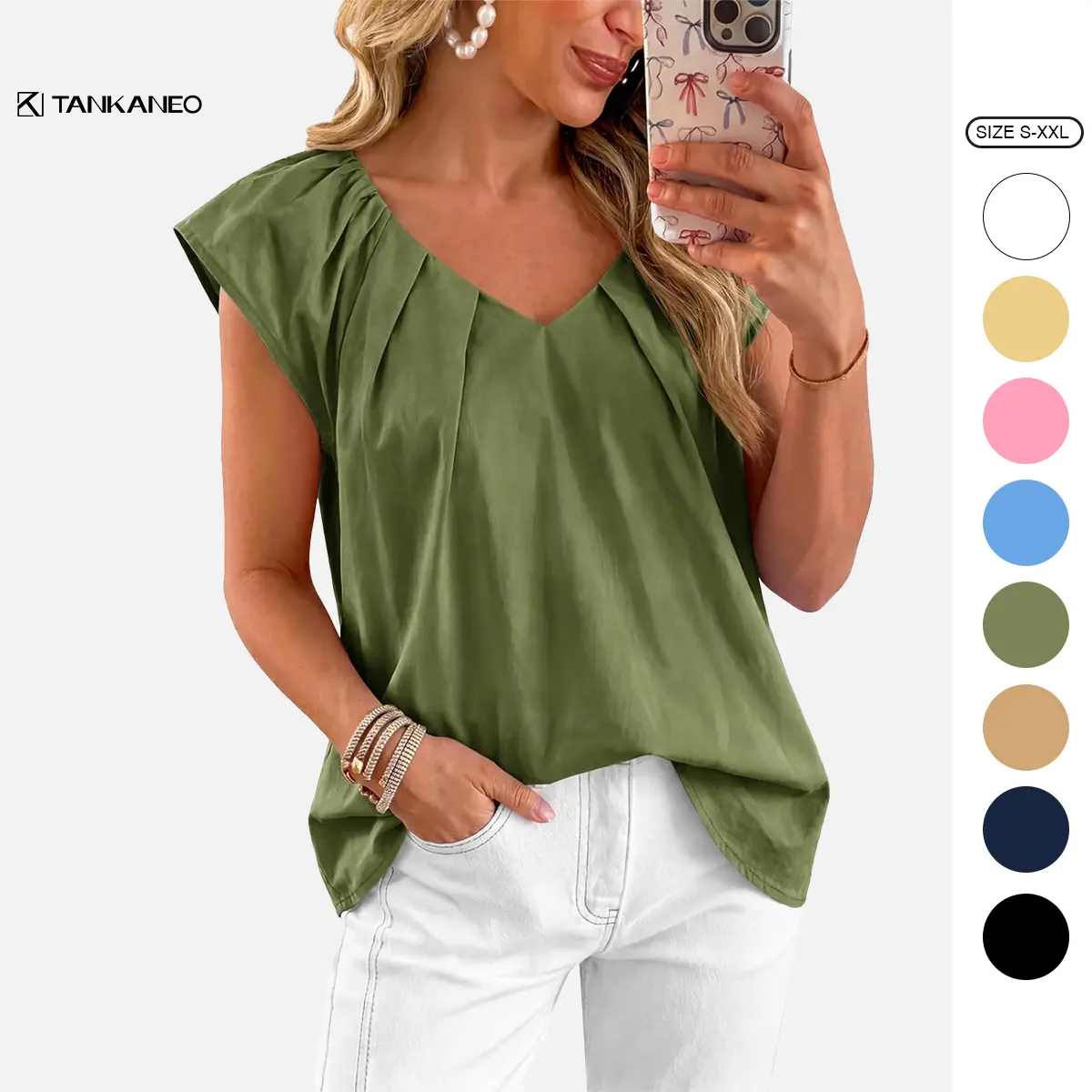 Tankaneo Womens Cap Ruffle Sleeve Tops Summer Dressy Casual V Neck Pleated Blouses Loose Fit Cotton Shirts