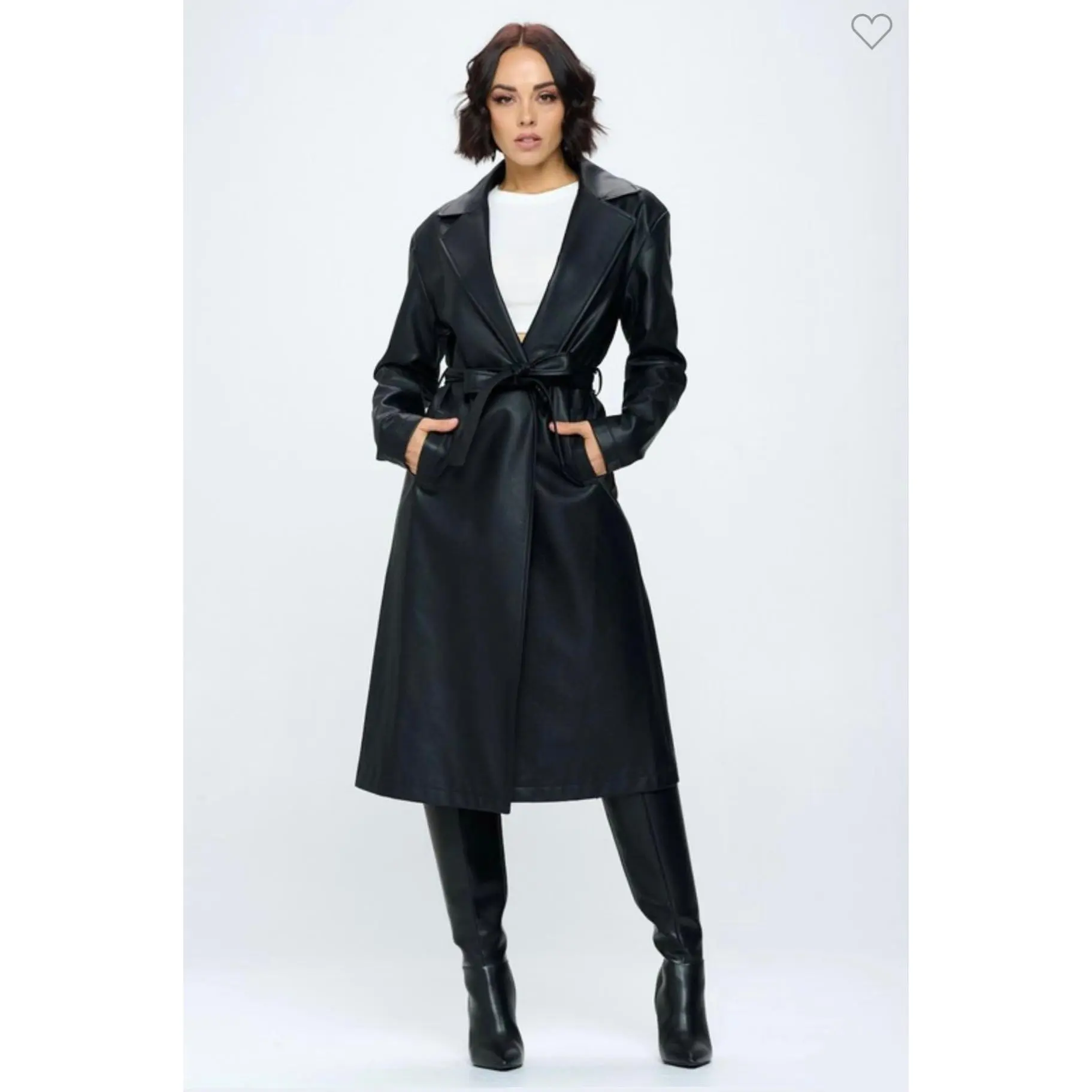 Lady's Fitted Black Camila Long Coat - 70% Polyurethane-Rayon Fabric, Solid Color, Self-Tie Outerwear Jacket