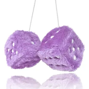 2025 New Pair 3” Purple with White Dots Mirror Fuzzy Plush Dice, Purple and White Soft Plush Car Decorative Hanging Ornament.