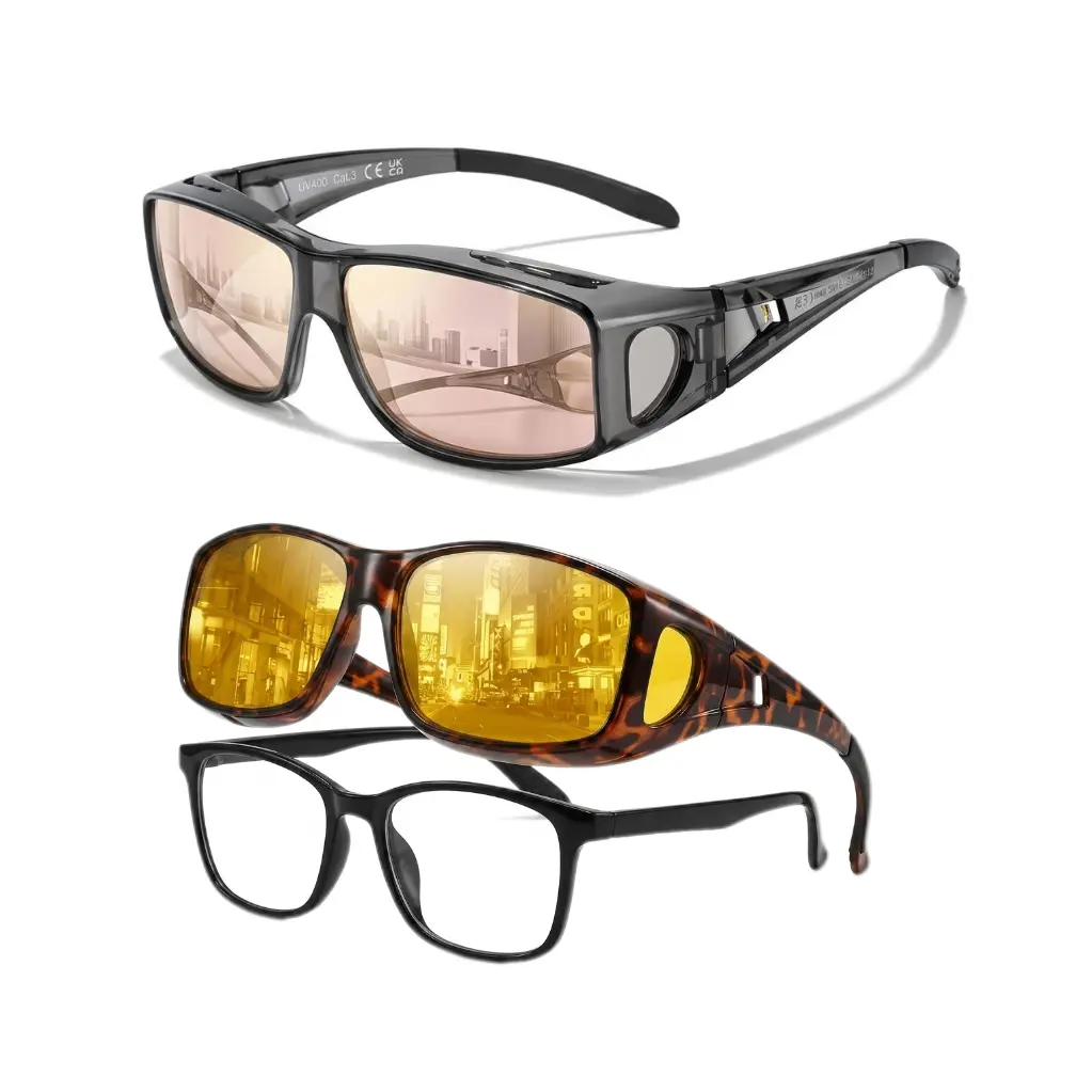 Unisex 2-in-1 Fit Over Prescription Glasses Combo: HD Polarized Sunglasses + Around Night-Vision Glasses with Yellow Lens for Safe Driving