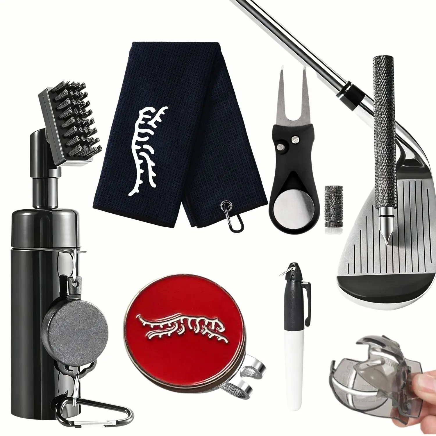 Golf Club Cleaning Kit, Includes Club Cleaner, Towel, Divot Repair Tool, Groove Sharpener & Ball Alignment Kit, Golf Accessories for Women & Men, Golf Gift Sets