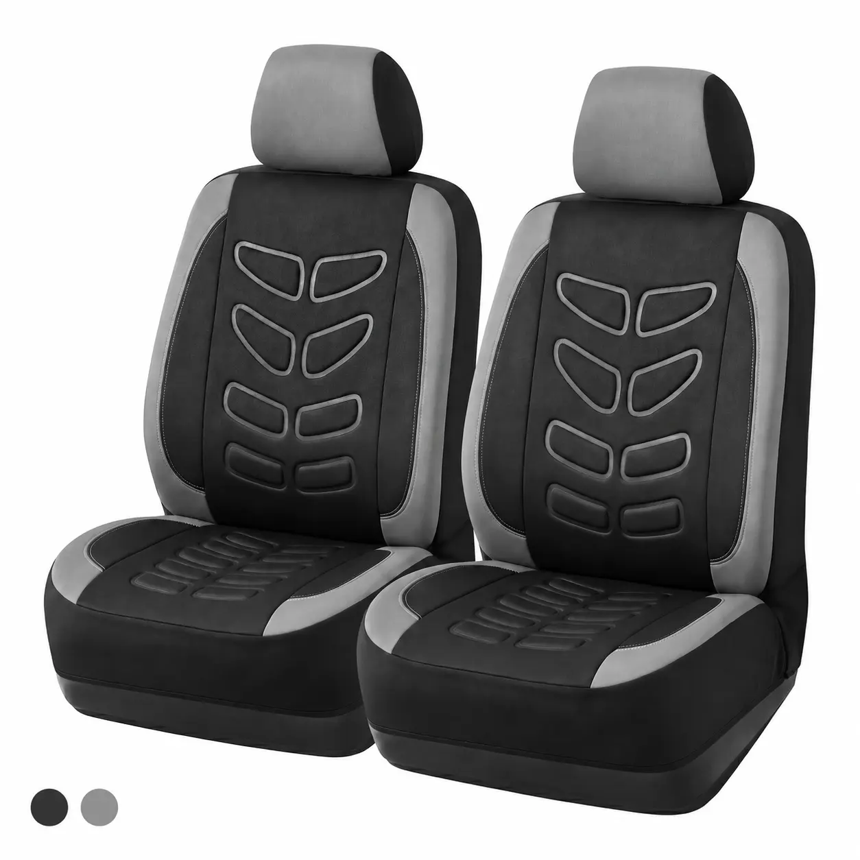 Front Car Seat Covers, 2-Pack Universal Fit Seat Protectors with Raised 3D Padded Design, Airbag Compatible, Two-Tone Black Gray Fabric Covers for Cars, SUVs, Trucks and Vans