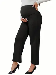 INSPIRE CHIC Women's Work Maternity Pants Business Straight Leg Over the Belly Office Pregnancy Trousers with Pockets Black