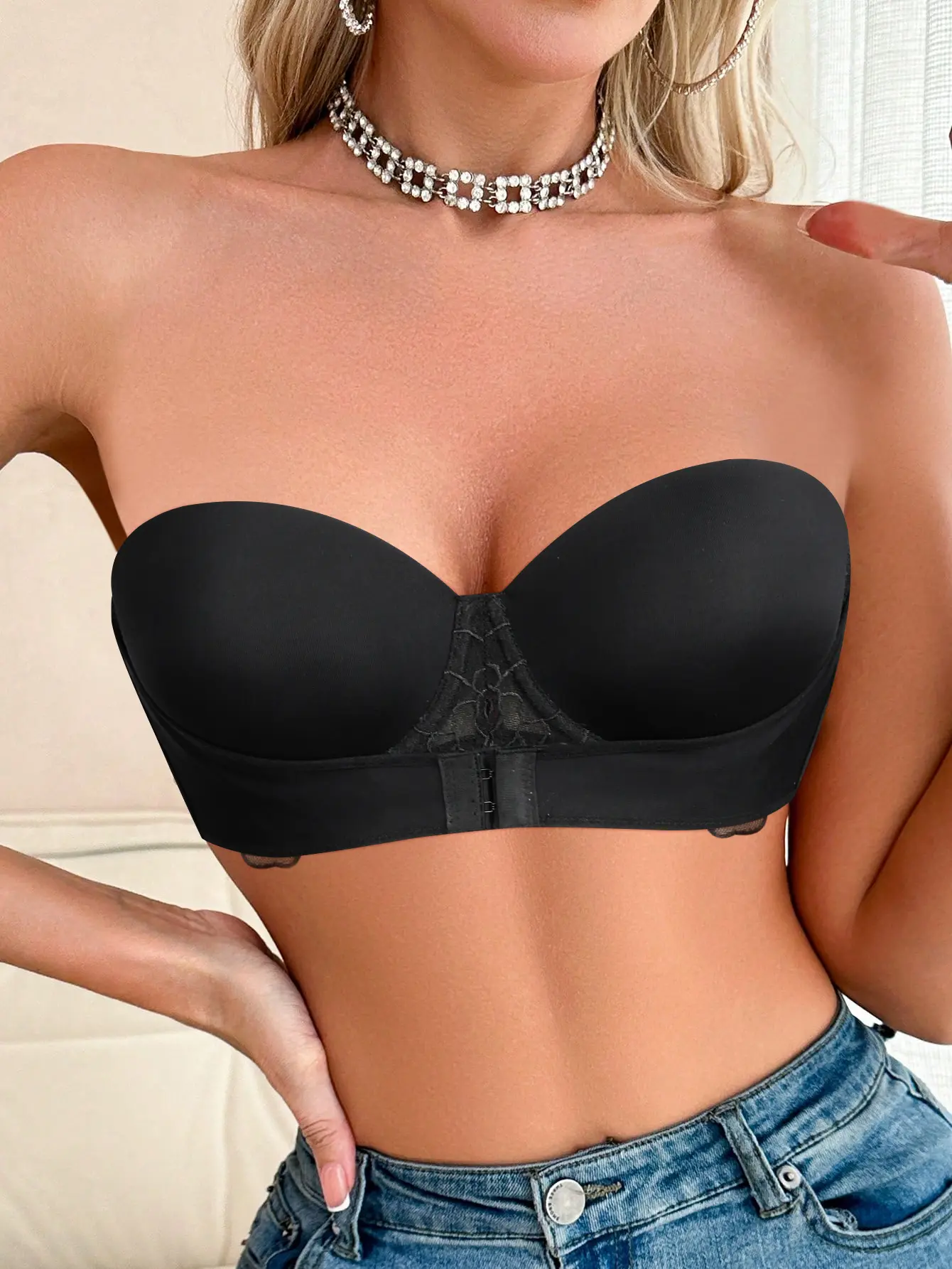 TryWish Womens Strapless Front Closure Bra Elegant Lace Push Up Lift Bra Padded Add Cup Non Slip Summer Daily Wear Elegance Everyday