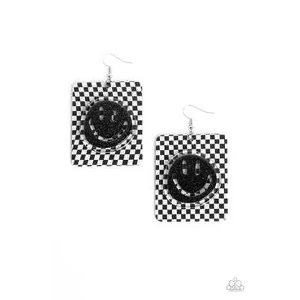 Checkerboard Hook Earrings for Women, Black Sparkly Smiley Face Charm, Oversized Trendy Statement Costume Jewelry
