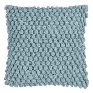 SARO 3519.A20S Cotton Down Filling Throw Pillow with Crochet Pom Pom Design Aqua