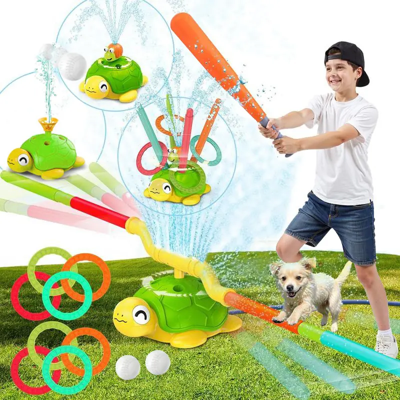 Buy one, get one free (same item) 4-in-1 Turtle Water Sprinkler Toys for Kids, Ball Scoop, Toss Rings and Jumping Game Water Sprinkler Toys for Summer, 360°Rotating Water Spray Toy with 4 Play Modes for Boys Girls Outdoor,Swimming pool, beach toys