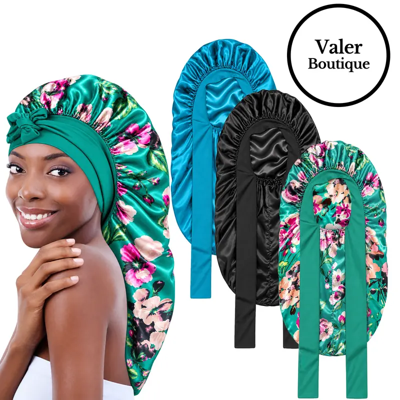 3 counts Bonnets for Black Women Braid Bonnet,  Soft and Breathable，Large Long Satin Bonnet for Braids, Natural Curly Hair，Silk Bonnet with Stretchy Tie Band Sleep Cap Hair Haircare Heatless