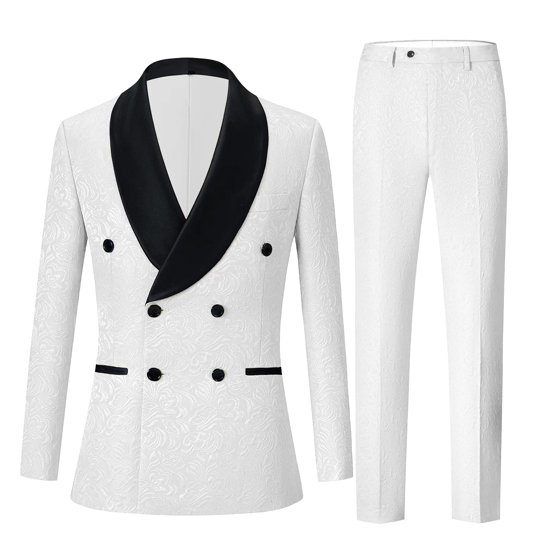 Men's 2-Piece Slim-Fitting Double-Breasted Tuxedo Set - Solid Polyester Blend Menswear with Black Shawl Collar Jacket & Pants, Retro Formal Wear for Wedding, Prom, Affordable Elegant Soft Party Attire
