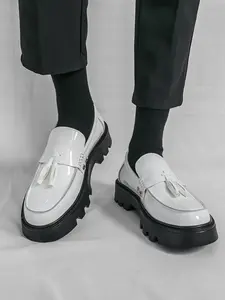 Men's Thick Sole Platform Fringe Loafers, Glossy Leather Business Casual Youth Trend Slip-On Lazy Shoes, Height Increasing Comfortable Footwear