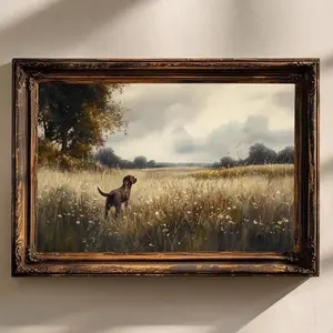 Moody Dark Wildflower Chocolate Labrador Art Print, Vintage Farmhouse Landscape Wall Art, Rustic Chocolate Lab Decor, Country Dog Print, Room Decor, Unframed