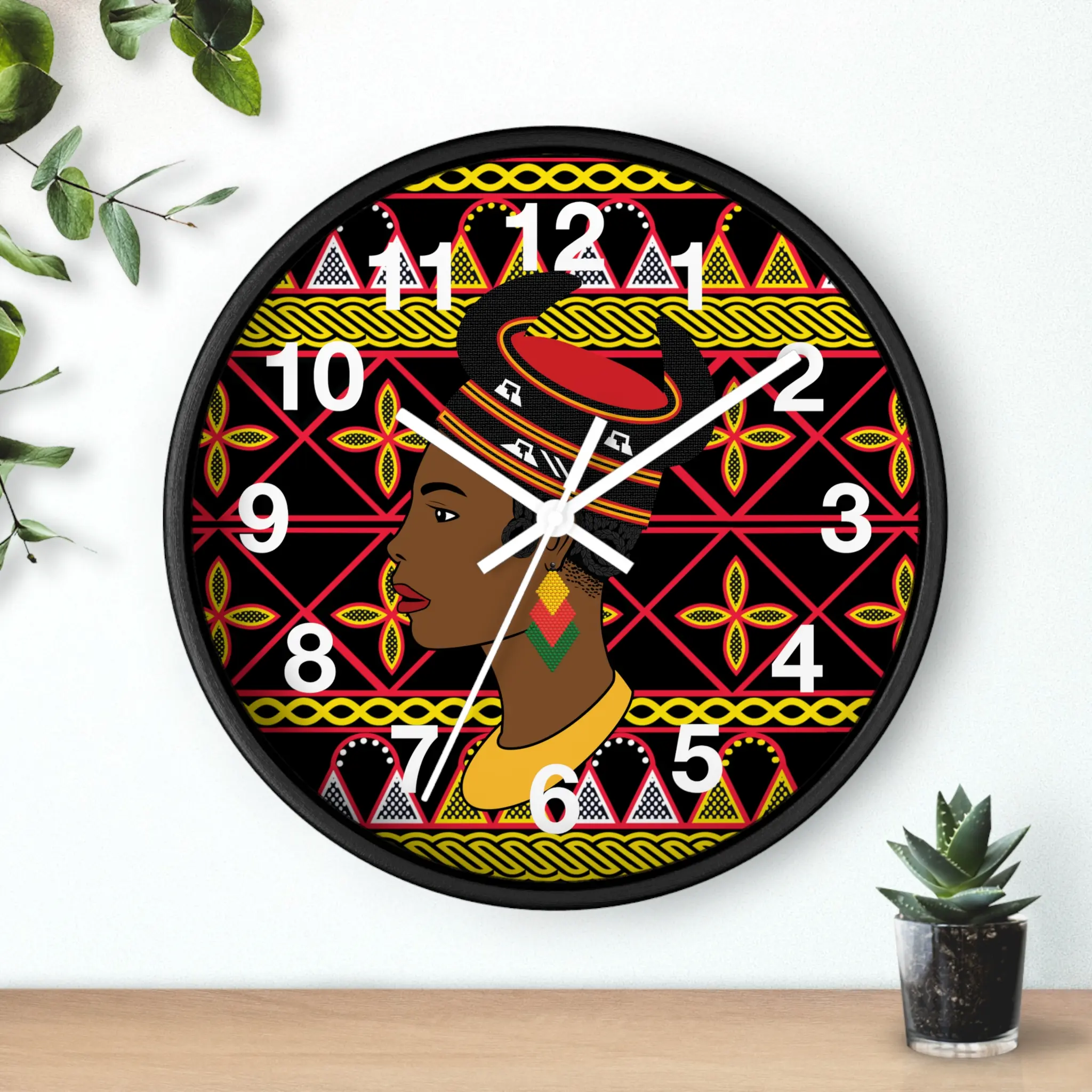 10x10in Handmade Wooden Cameroonian Woman Wall Clock - Silent Mechanism, Black Base, Bamenda Hat, Bamileke Toghu African Print, Metal Accents - Traditional African Art Indoor Home Decor, Room Decor Cultural Gift, African Culture Lovers