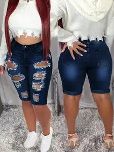 Women's Distressed Denim Mid-Thigh Shorts, Elastic Ripped Knee-Length Jean Shorts with Cuffed Hem, Summer Casual Style