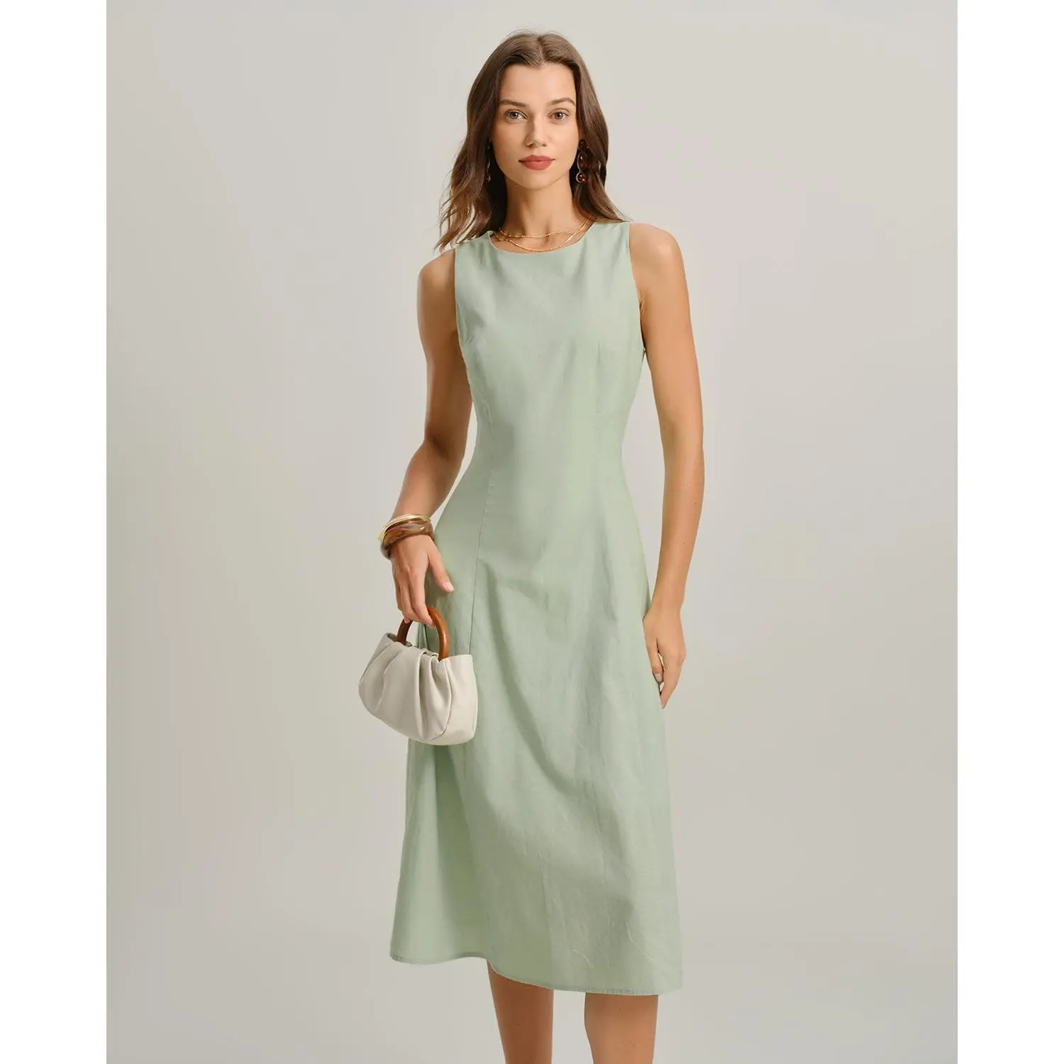Rihoas Women's Elegant Classy A-Shaped Full-Length Casual Sleeveless Round Neck Waisted Midi Dress - Linen-Cotton Polyester Fabric, Zipper-Accented, Classy Casual Dresses, A-Shaped Casual Dresses