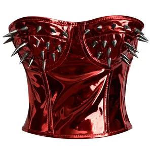 RED Metallic PVC Steel Boned Bustier Top corset w/ Spikes Comfort Cotton