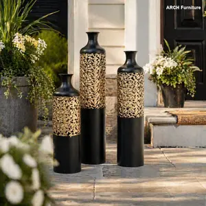 Handcrafted Metal Floor Vase Set, 3-Pieces ARCH Multi-Size Hollow-Cut Black & Gold Light-Play Slender Form Scratch-Proof Vases (20.8"/24.8"/28.7") for Living Room Modern Glam Home Decor, Ideal Pampas Grass Holder & Housewarming Gift