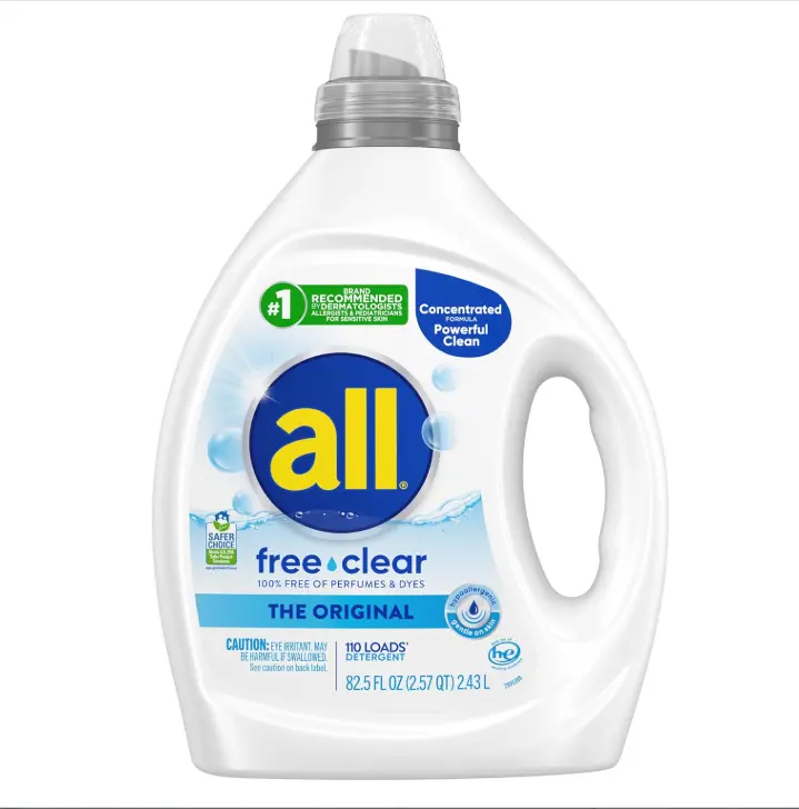 all free clear, Original, Liquid Laundry Detergent for Sensitive Skin, Unscented and Hypoallergenic, Concentrated, 82.5oz, 110 Loads | Reduces static cling, hypoallergenic and dye free, dermatologist recommended, fragrance free formula
