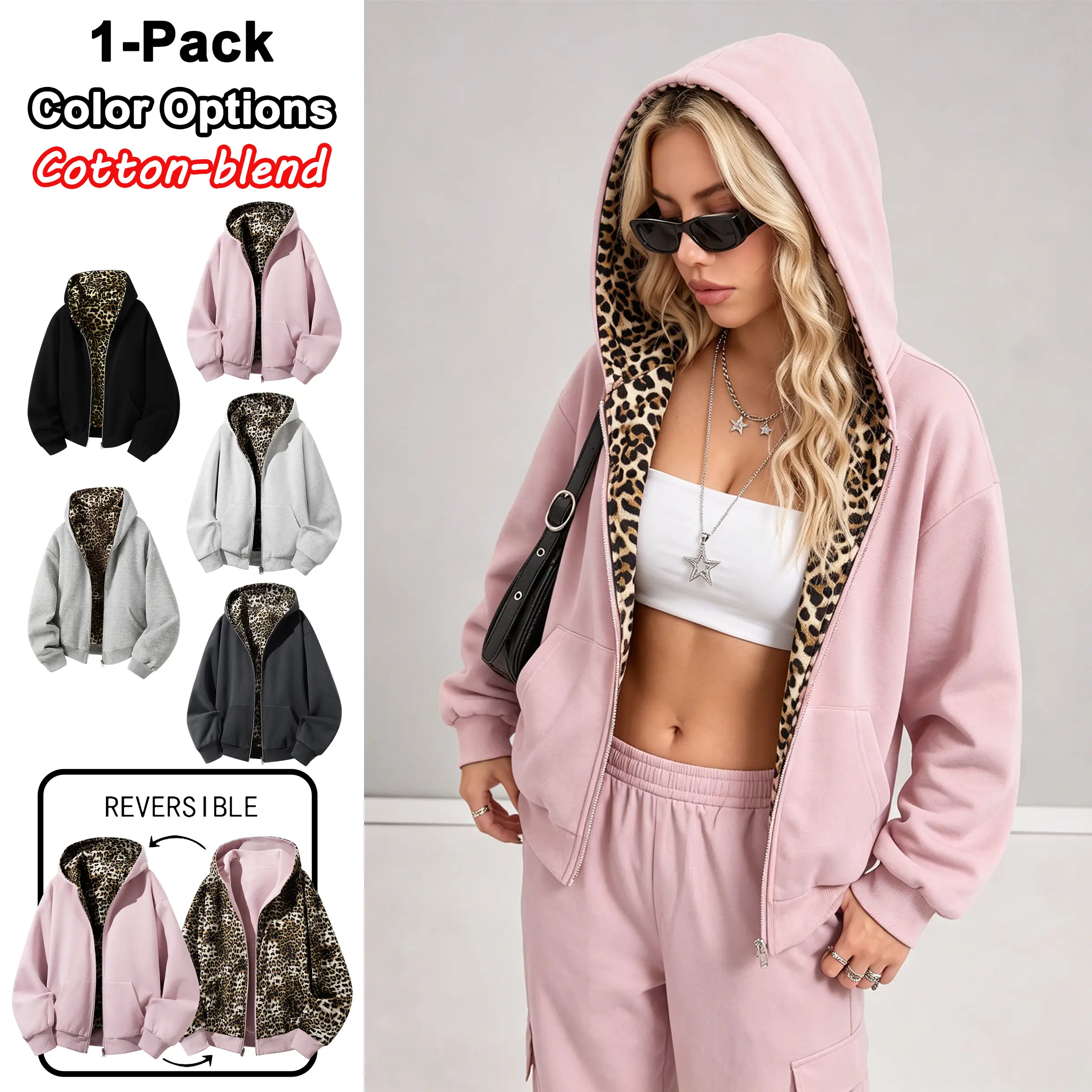 Unisex cotton-blend zip-up leopard-print hoodie, couples’ style double-sided loose athletic sweatshirt, casual versatile street-style top suitable for everyday wear