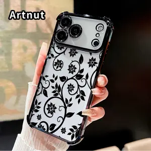 Compatible with iPhone 17 16 Pro Max 15 Plus 14 13 12 11 E Air Phone Case Floral Vine Pattern Transparent Full Coverage Four Corners Anti-drop Casing