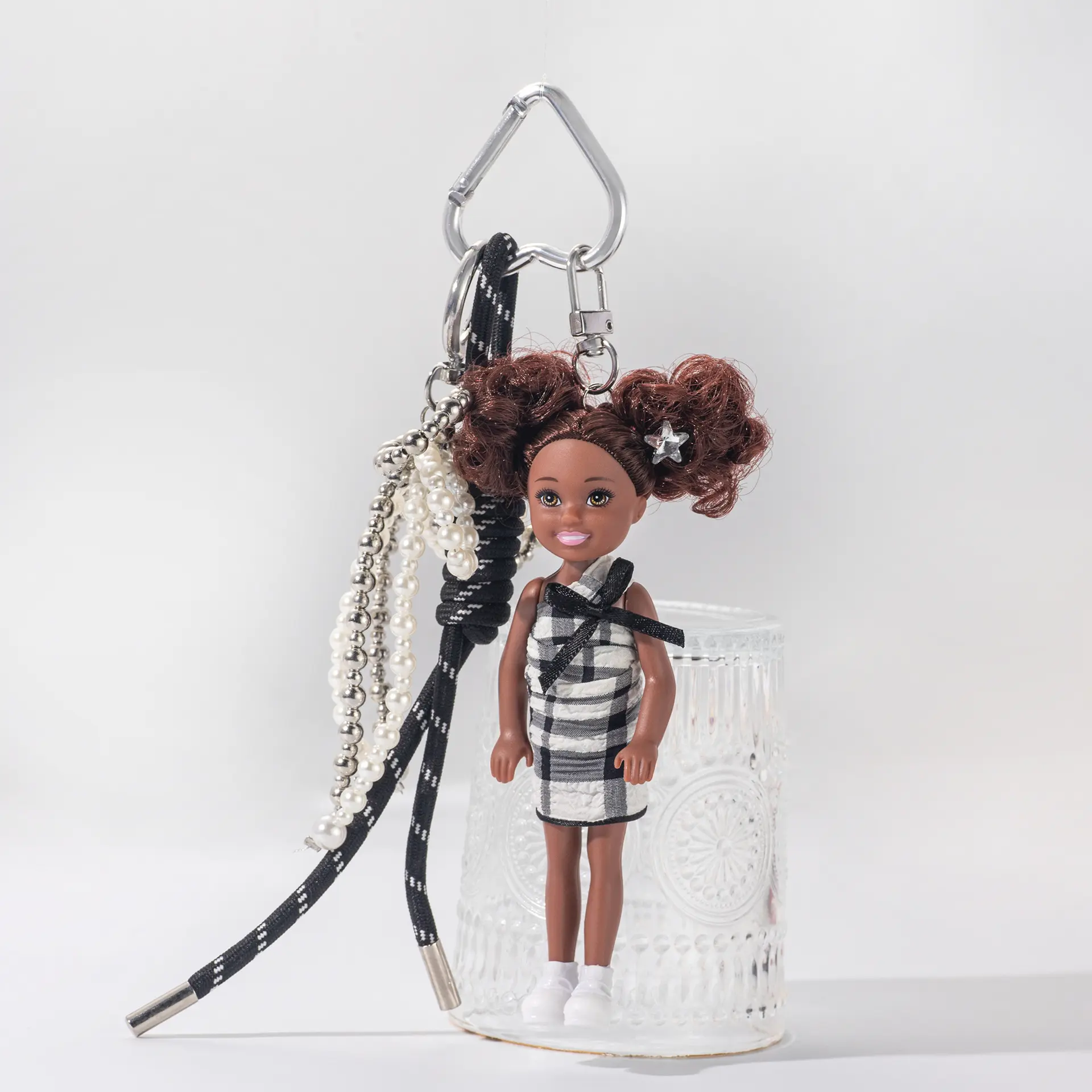 Plaid Doll Keychain for Girls, Coquette Vintage Purse Charm with Handmade Woven Lanyard, Ribbon Bow & Pearl Beads, Vintage Keychain, Everyday