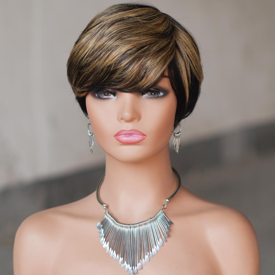 Glueless Short Pixie Cut Wig With Bangs, 180% Density Brazilian Virgin Human Hair, P1B/27 Ombre Black Blonde 6 Inch Layered Machine Made, Natural Look Wig With Caps For Women Daily & Party Wear