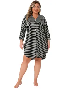 Agnes Orinda Women's Plus Size Button Down Sleepshirt Soft Pajamas Dress V Neck 3/4 Sleeve Nightgown Nightdress
