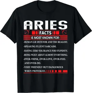 100% Cotton Aries Zodiac Birthday Aries Facts Gift Funny T-Shirt Shirt