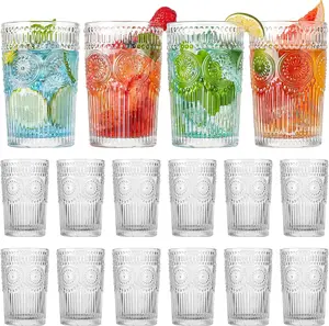Drinking Glasses Set of 12, Textured Clear Striped Glass Cups, Ribbed Glassware Set, Tall Water Glass Tumblers, Mojito Cups,  Glass, Iced Coffee Cup, Bar Glassware