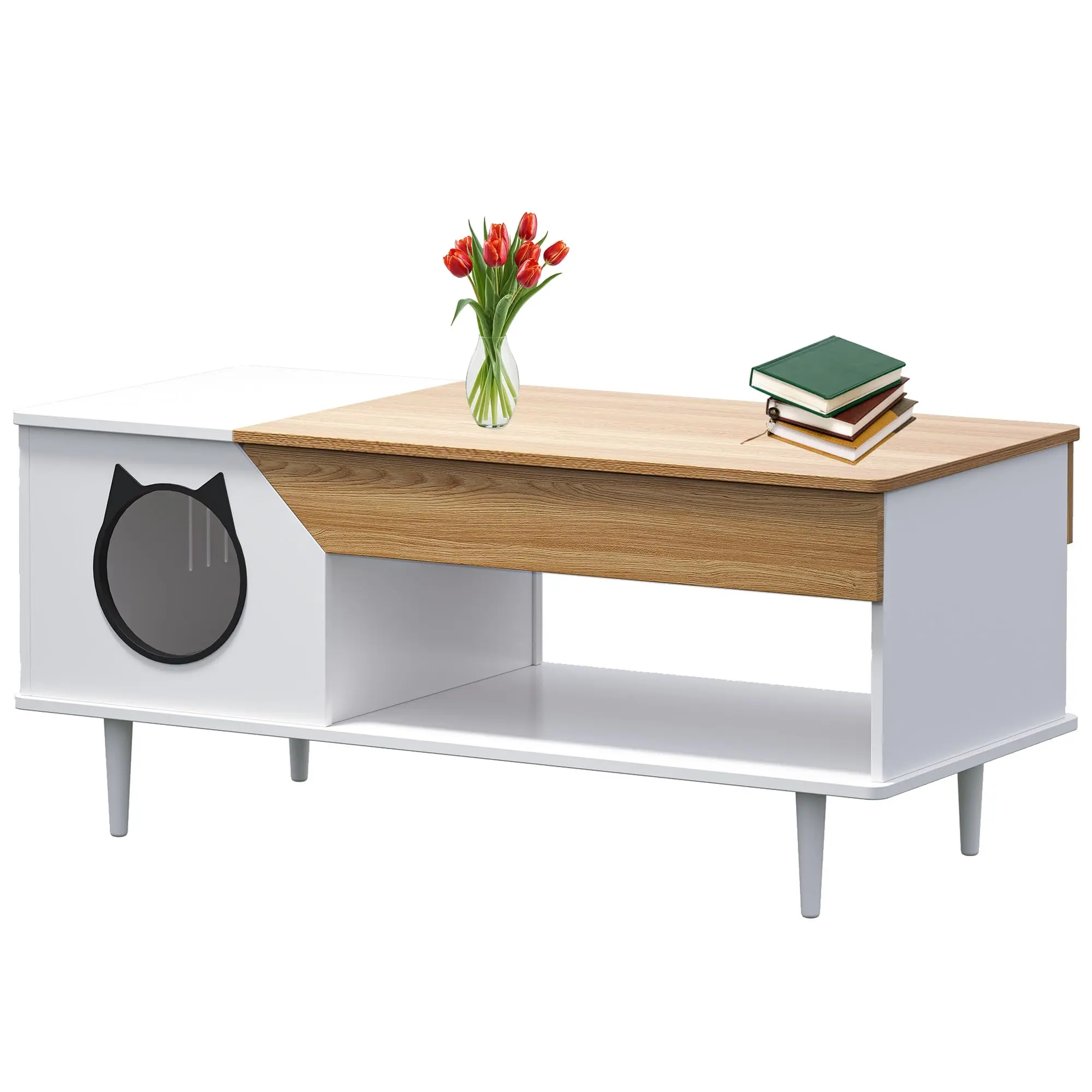 45'' Coffee Table, Hidden Cat Litter Box Enclosure Kitty Litter Box Furniture with Storage Drawer and Metal Legs, Cat House for Living Room