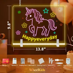 WheelKids Back to School Essentials LED Note Board with 7 Color Lights Acrylic Dry Erase Board for Study Reminders and Night Light Glowing Art Pad with Desktop Stand