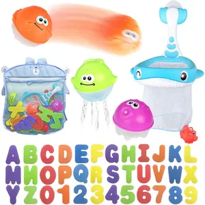 Bath Toy Sets, 36 Foam Bath Letters and Numbers, Floating Squirts Animal Toys Set with Fishing Net and Organizer Bag, Fish Catching Game  Babies Infants Toddlers Bathtub Time
