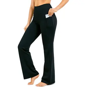 Women's one-piece high-waisted polyamide yoga flared pants, casual style, high elasticity, solid color, long, knitted fabric, flared pants suitable for year-round fitness
