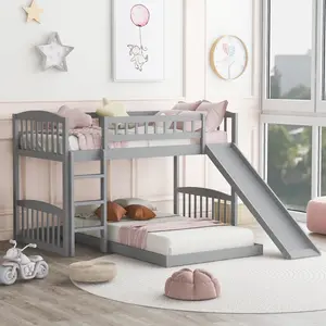 Twin Over Twin Low Bunk Bed with Slide and Ladder, Solid Wood Floor Bunk Bed Frame, for Kids Girls Boys